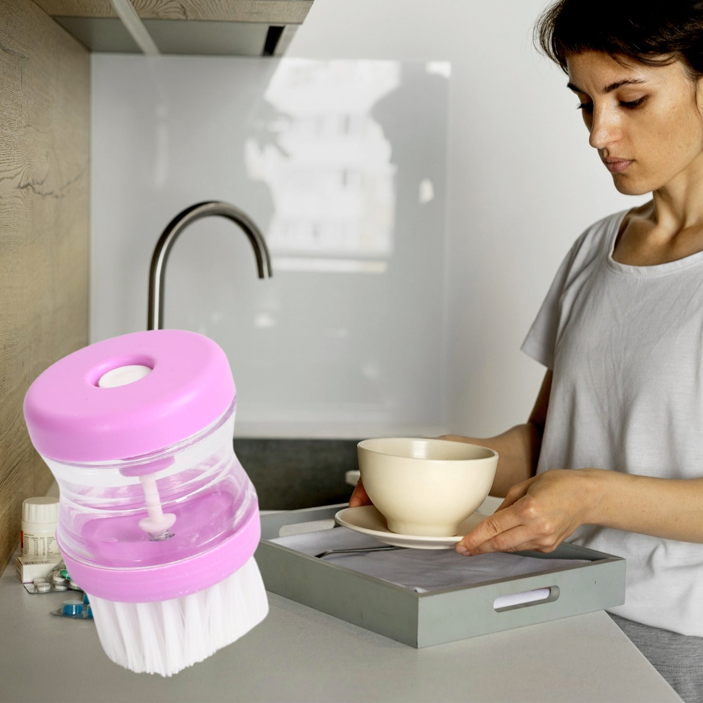 159 Plastic Wash Basin Brush Cleaner With Liquid Soap Dispenser