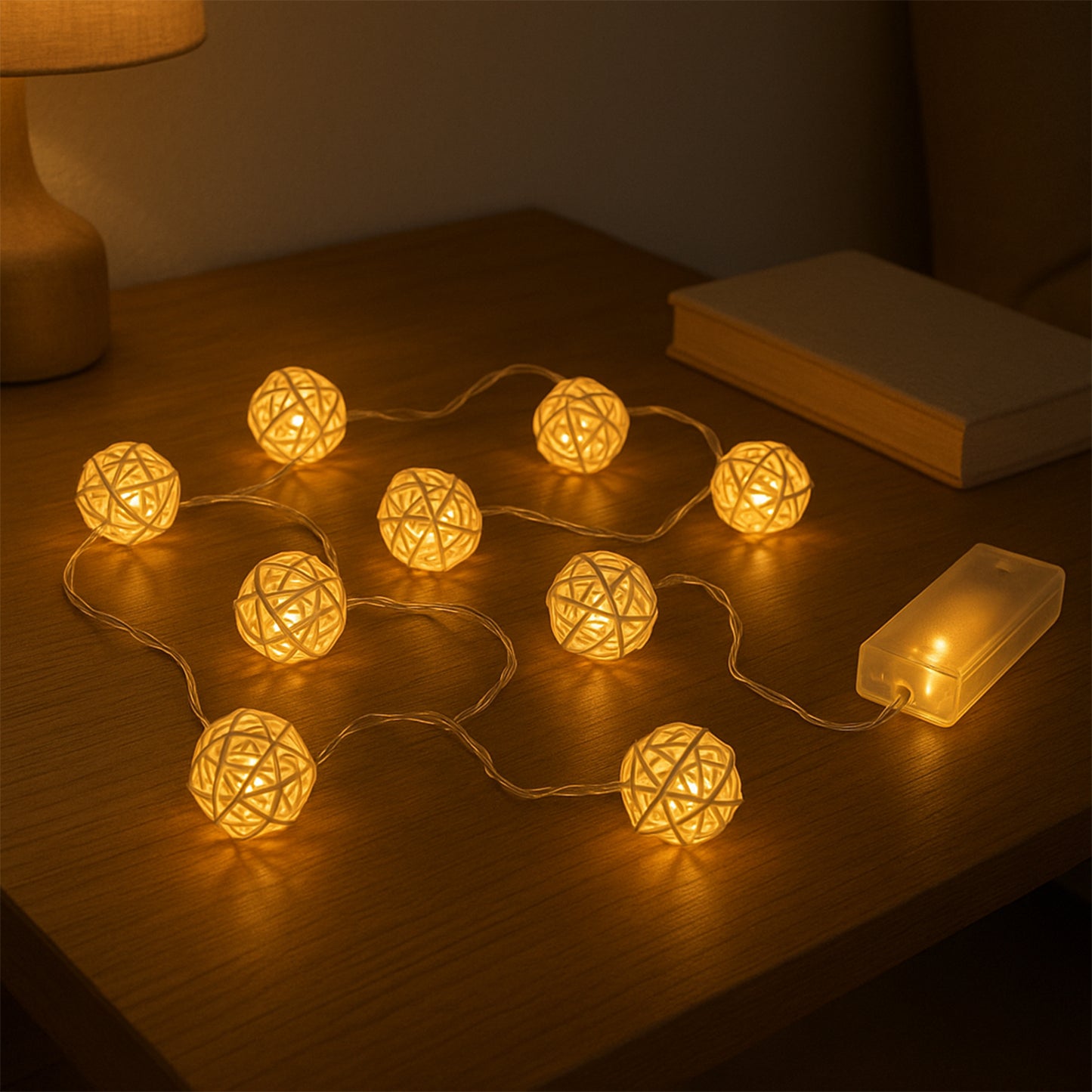 Battery Operated 10 LED Rattan Ball String Lights