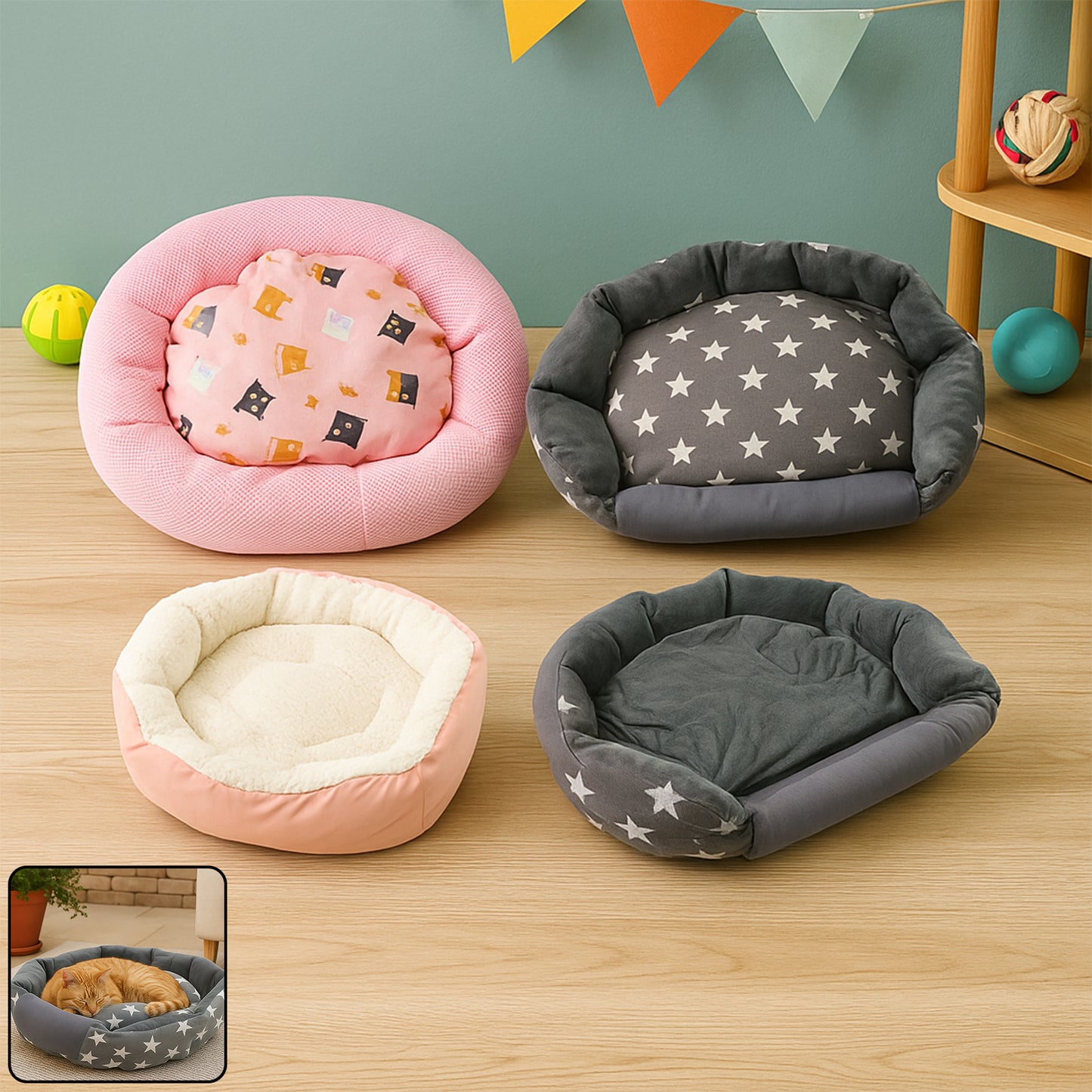 Soft Plush Pet Bed for Small Cats & Dogs – Washable Cushion (1 Pc / Assorted)