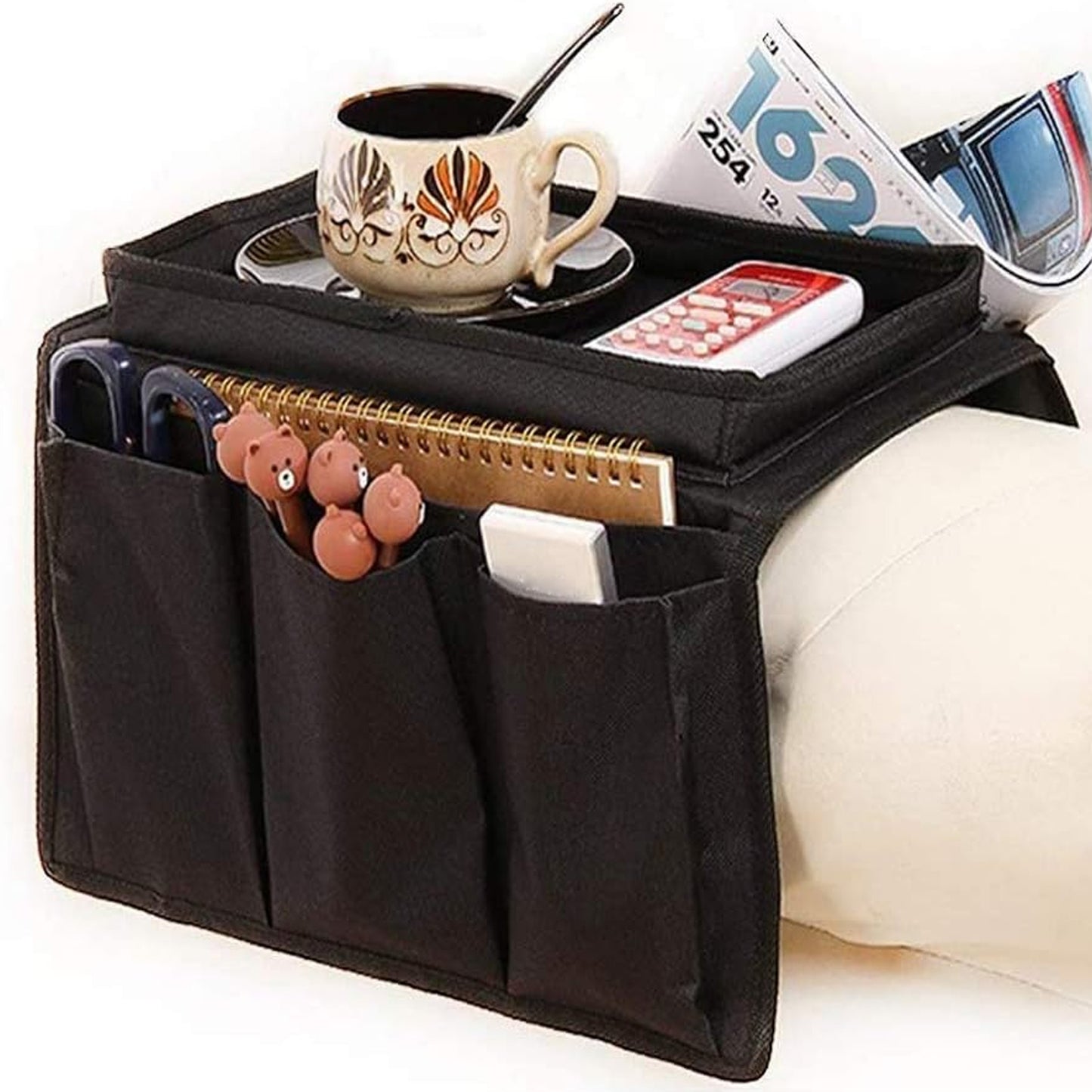 8164 Sofa Armrest Hanging Organizer – Storage Bag for Magazines, iPad & Remotes (Black)