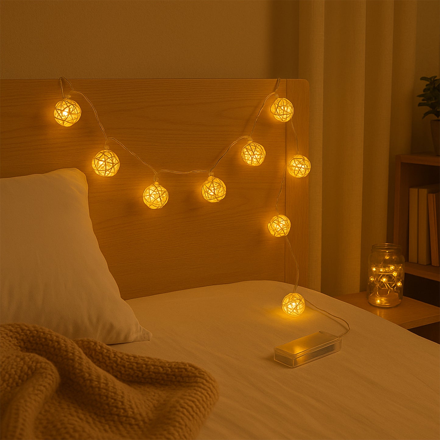 Battery Operated 10 LED Rattan Ball String Lights