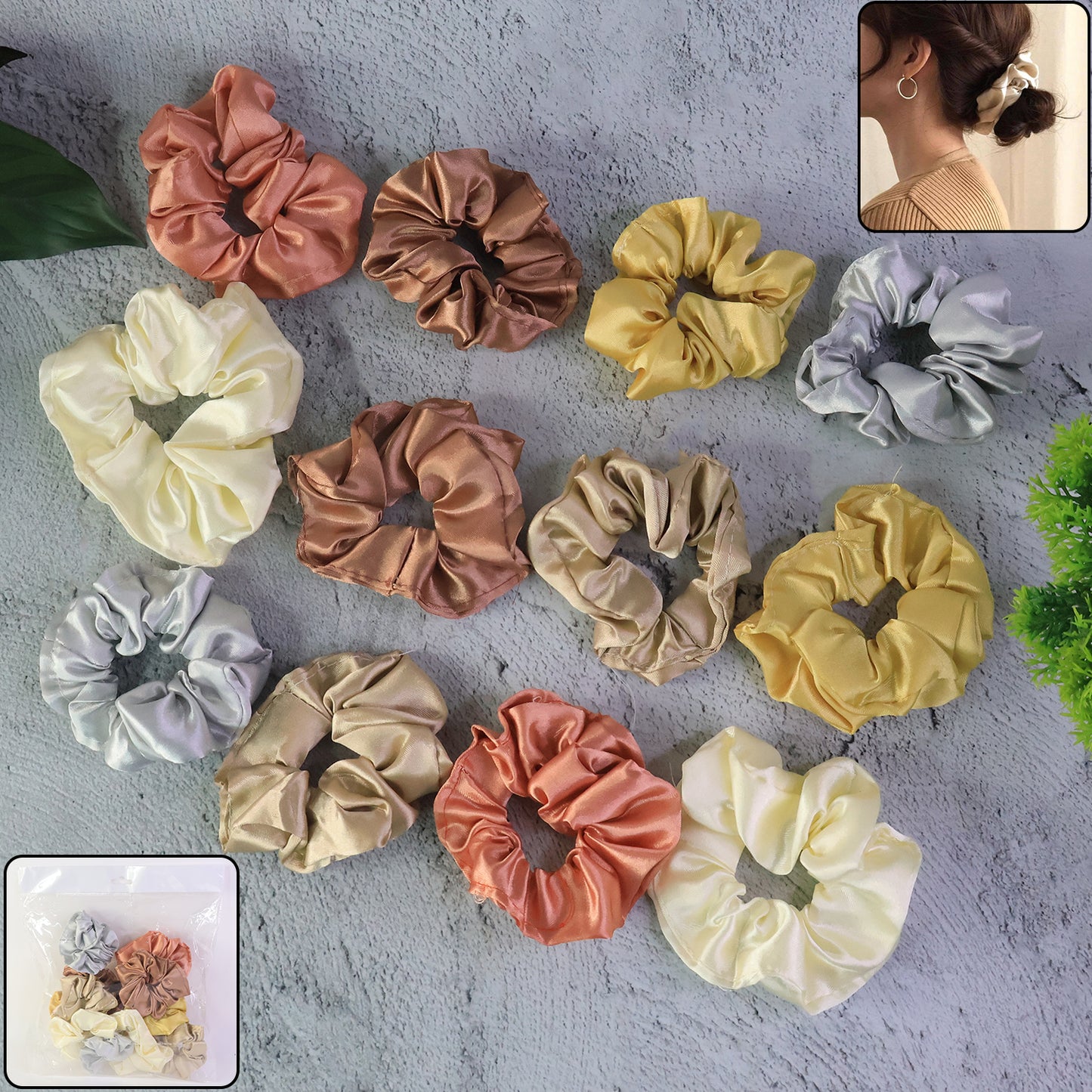 Satin Hair Scrunchies Set (12 Pc)