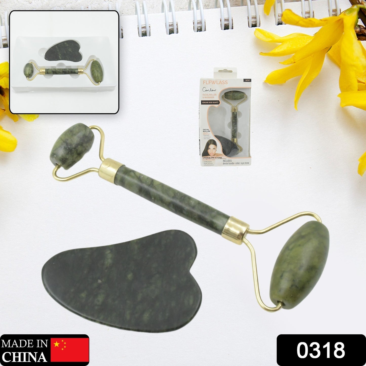 0318 Gua Sha Stone &amp; Jade Roller Face Massager – Anti-Aging Skincare Set