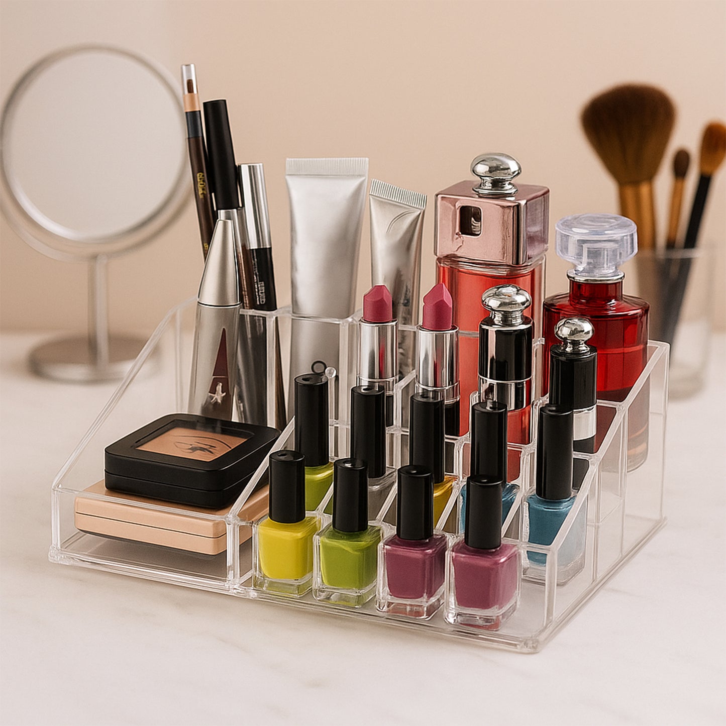 6282 16-Compartment Acrylic Cosmetic & Jewellery Organizer Box – Transparent
