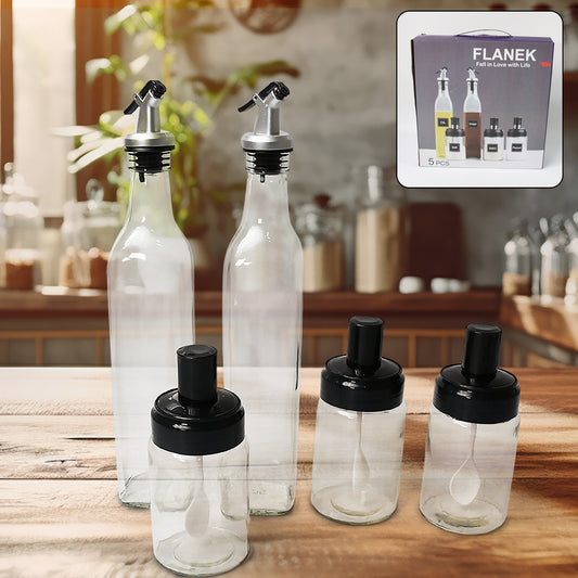 Glass Oil & Spice Bottle Set (5 Pcs)