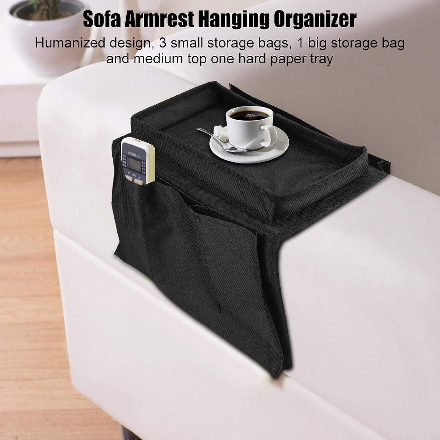 8164 Sofa Armrest Hanging Organizer – Storage Bag for Magazines, iPad & Remotes (Black)