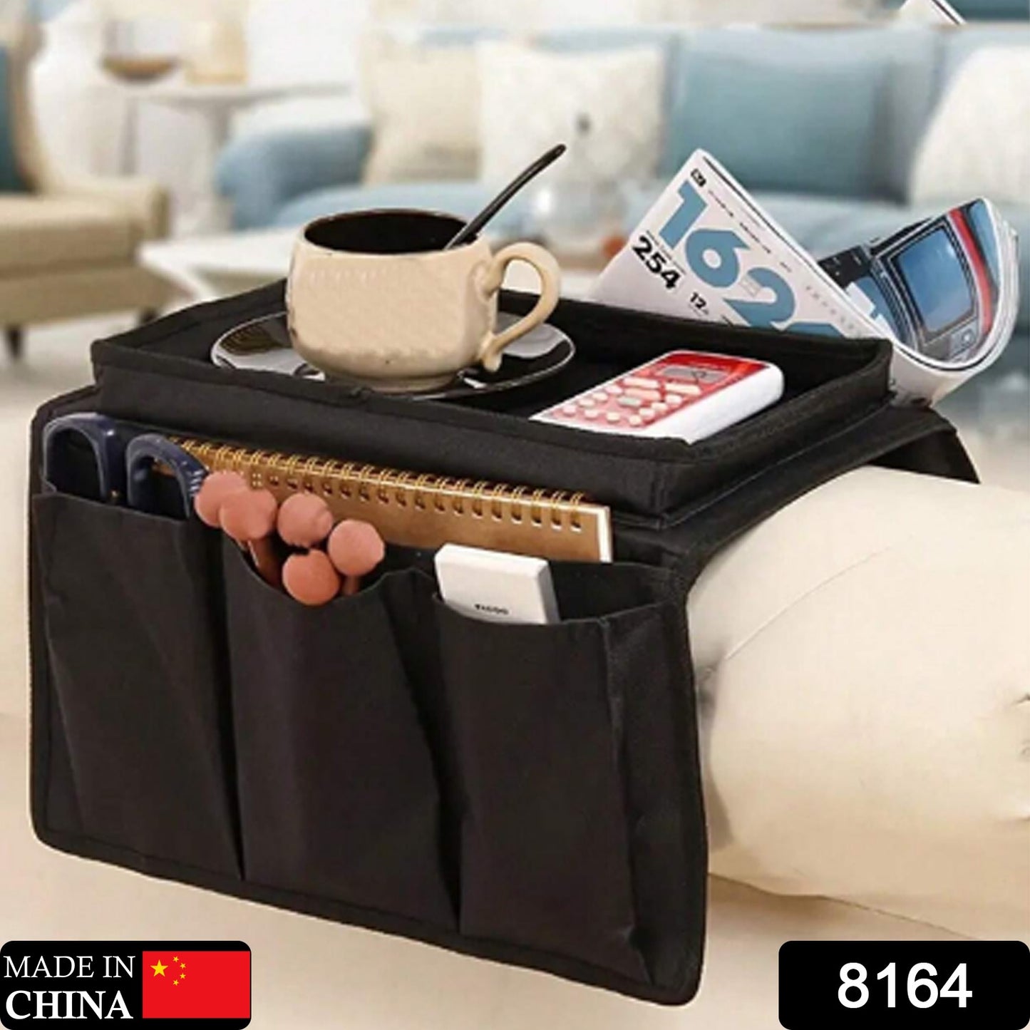 8164 Sofa Armrest Hanging Organizer – Storage Bag for Magazines, iPad & Remotes (Black)