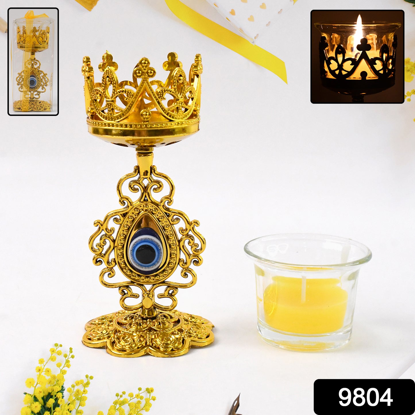 Golden Flower Glass Tea Light Candle Holder (1 Set)