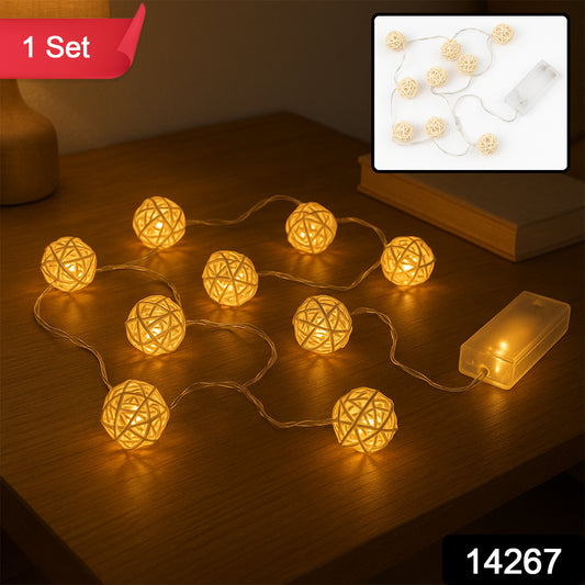 Battery Operated 10 LED Rattan Ball String Lights