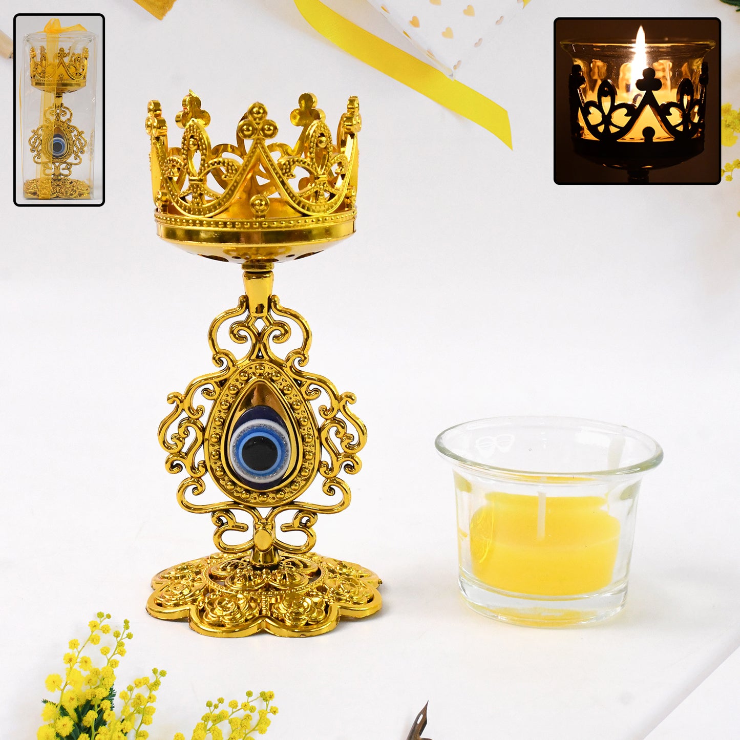 Golden Flower Glass Tea Light Candle Holder (1 Set)